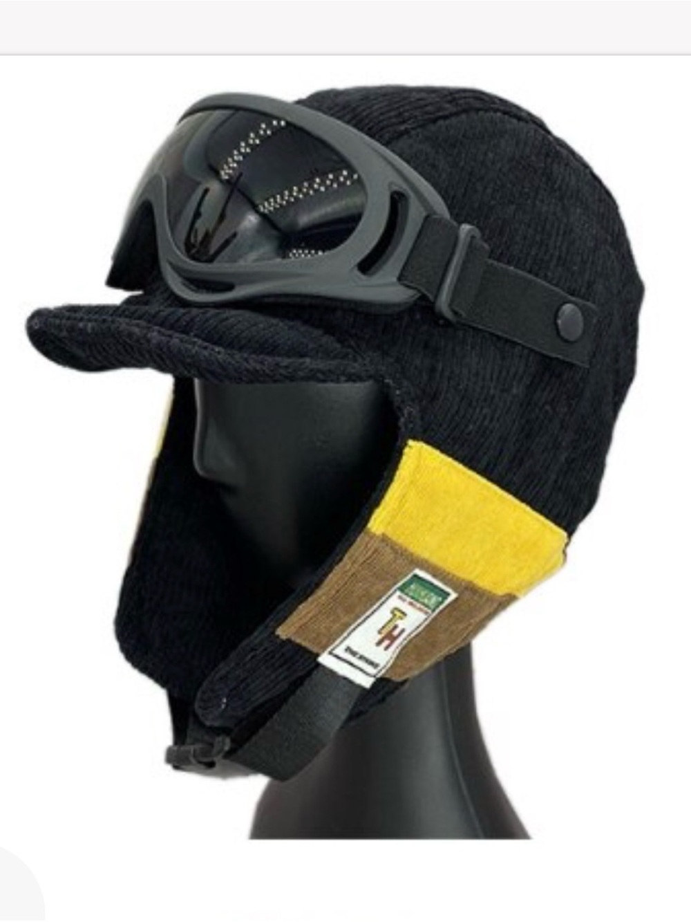 Corduroy Black & Yellow Winter Aviator Hat